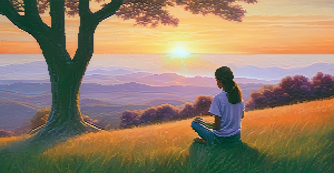 A person meditating on a grassy hill at sunset, holding a small potted plant, surrounded by trees.