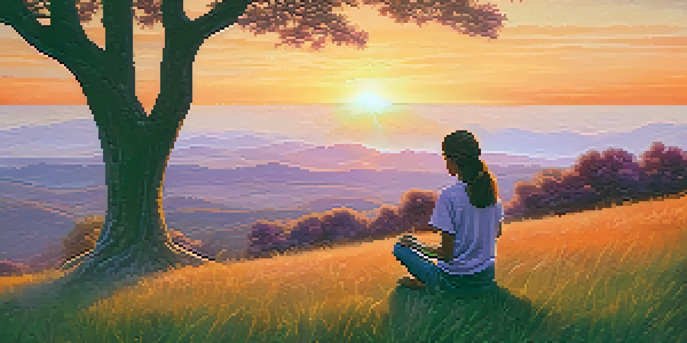 A person meditating on a grassy hill at sunset, holding a small potted plant, surrounded by trees.