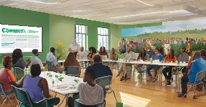 A diverse group of people engaged in discussion at a community forum about marijuana policy, with a bright and welcoming atmosphere.