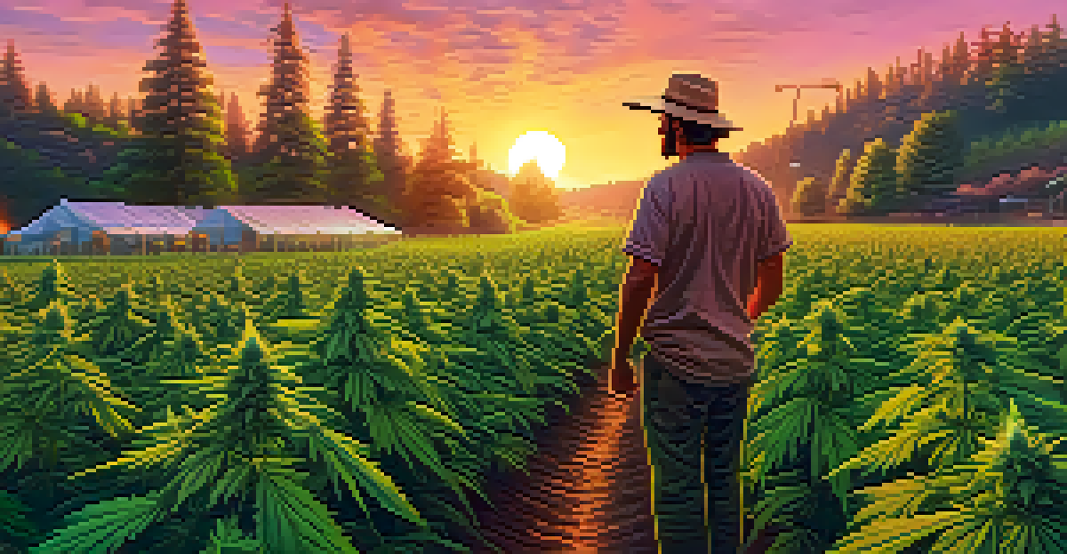 An outdoor cannabis farm at sunset with rows of green marijuana plants and a farmer inspecting them.