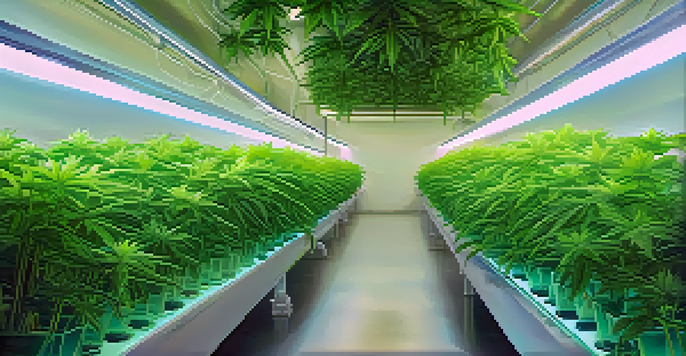 A detailed view of marijuana plants in a hydroponic system with nutrient-rich water and LED lights.