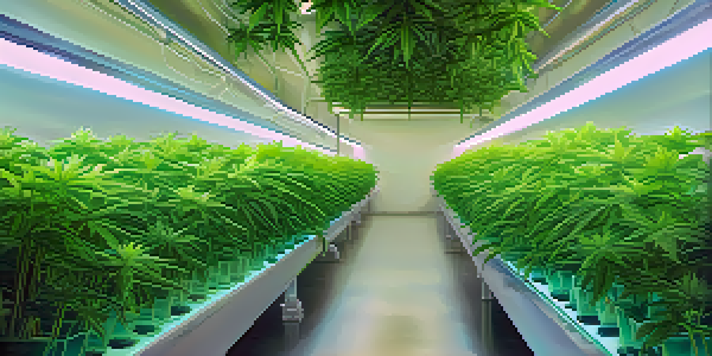 A detailed view of marijuana plants in a hydroponic system with nutrient-rich water and LED lights.