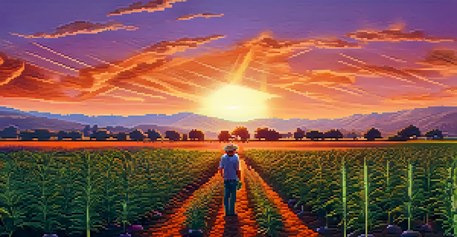 An outdoor cannabis farm at sunset with green plants and a farmer in the field.