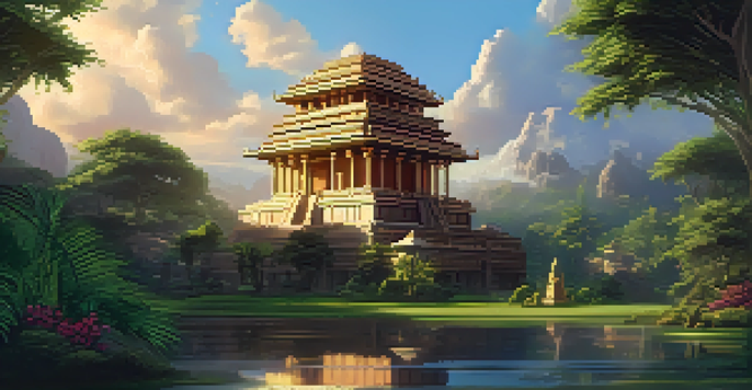 A peaceful landscape with an ancient temple surrounded by green plants and cannabis, illuminated by a golden sunset.