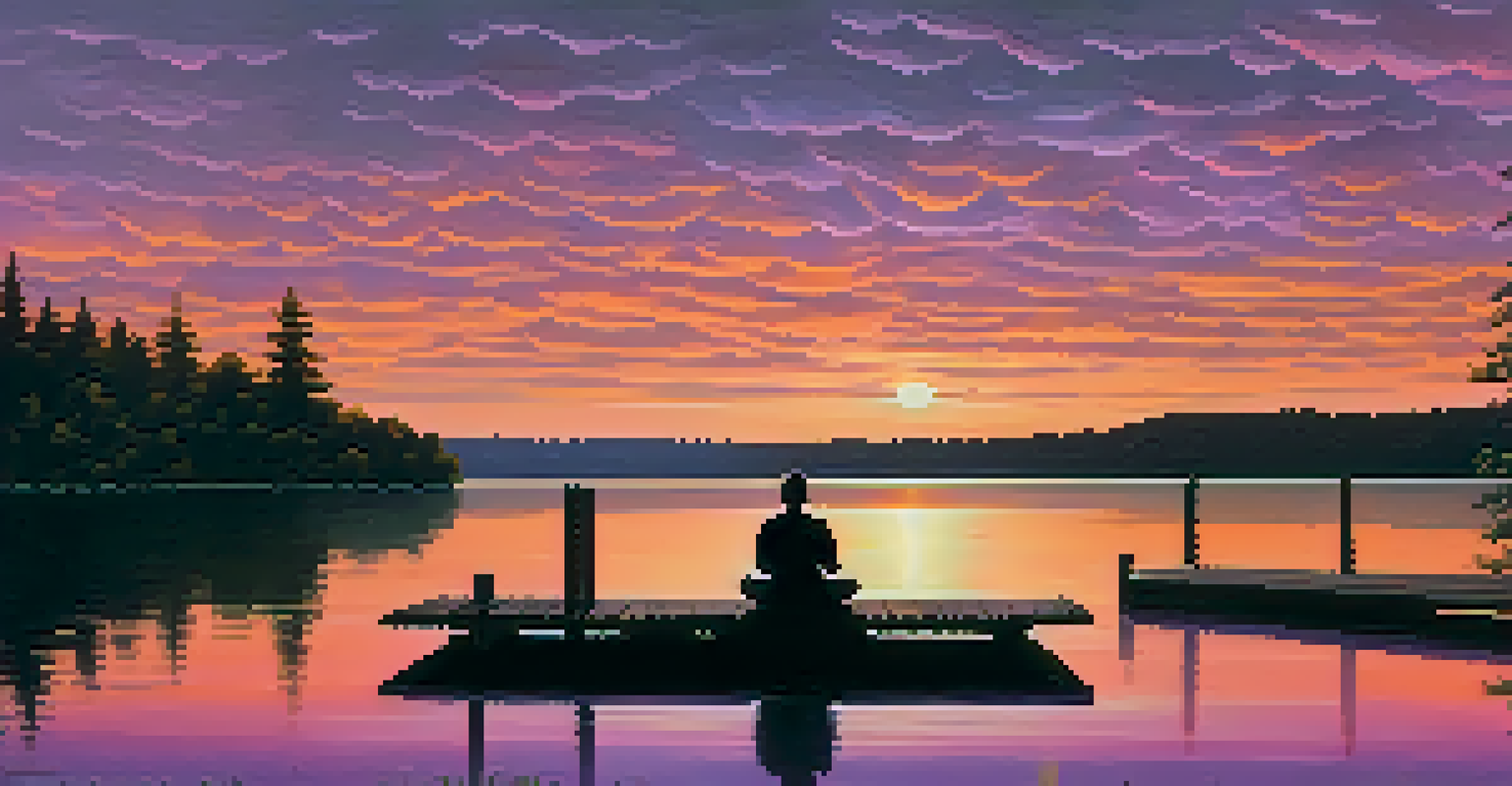 A tranquil sunset over a calm lake with a person meditating on a dock surrounded by silhouetted trees.