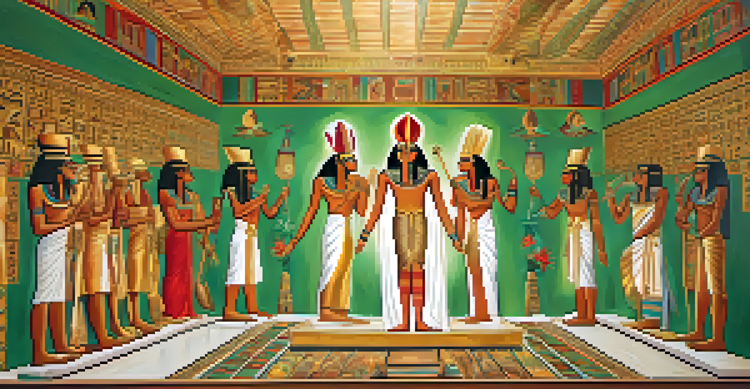 A colorful mural showing ancient Egyptians in a spiritual ceremony involving marijuana, with intricate details and vibrant colors.
