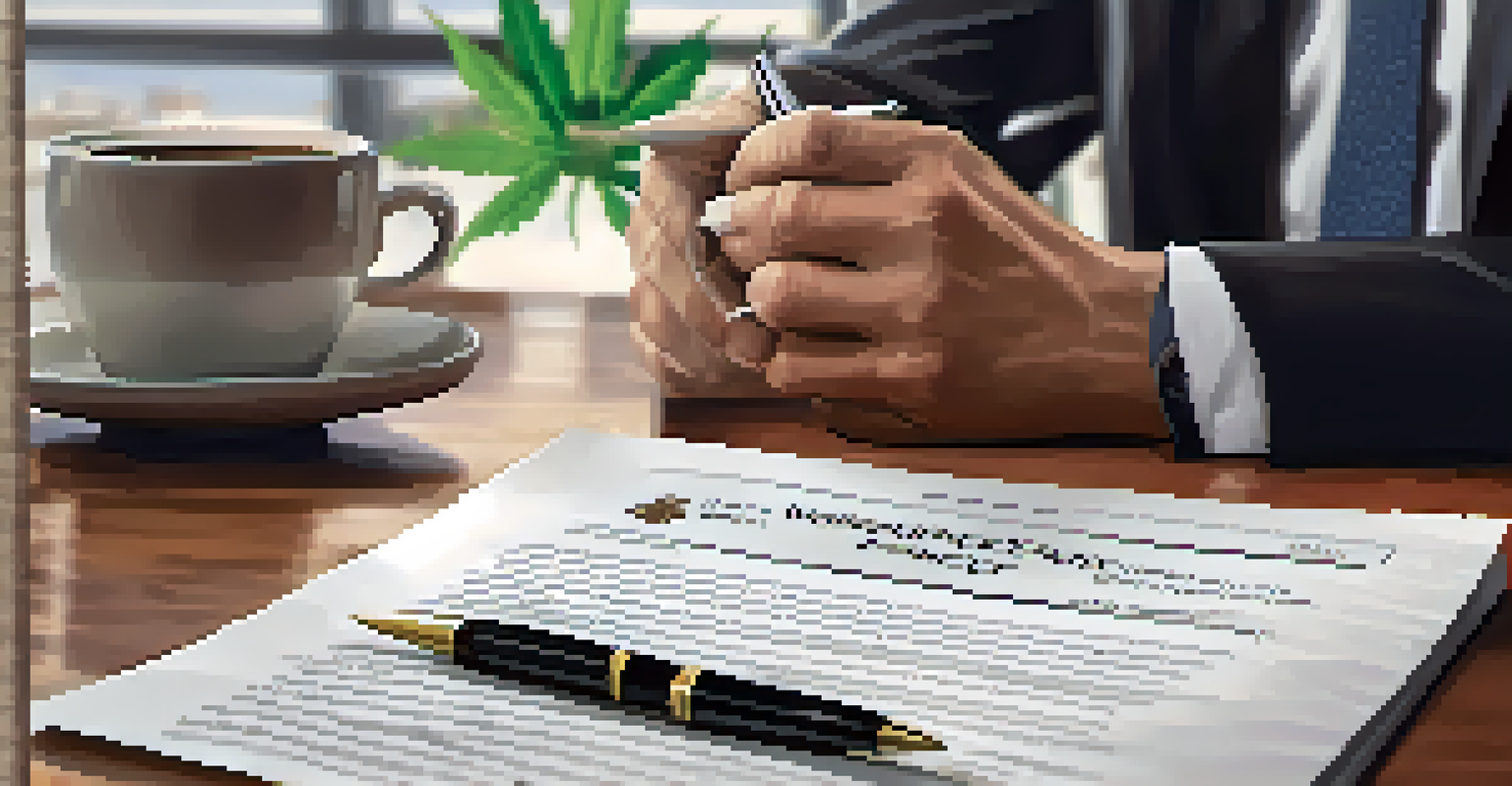 A manager holding a workplace drug policy document about marijuana use, with a coffee cup and laptop in the background.