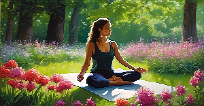 A woman meditating in a green park filled with wildflowers under soft morning light.