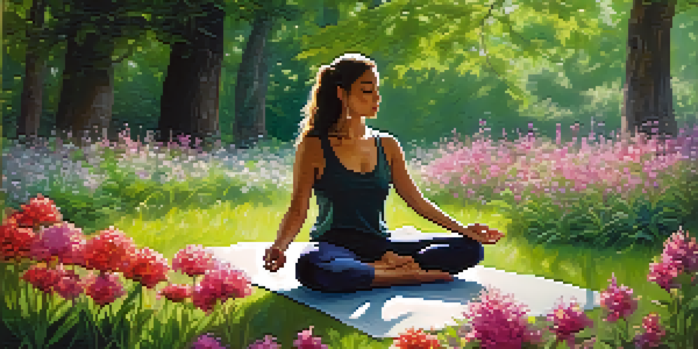 A woman meditating in a green park filled with wildflowers under soft morning light.