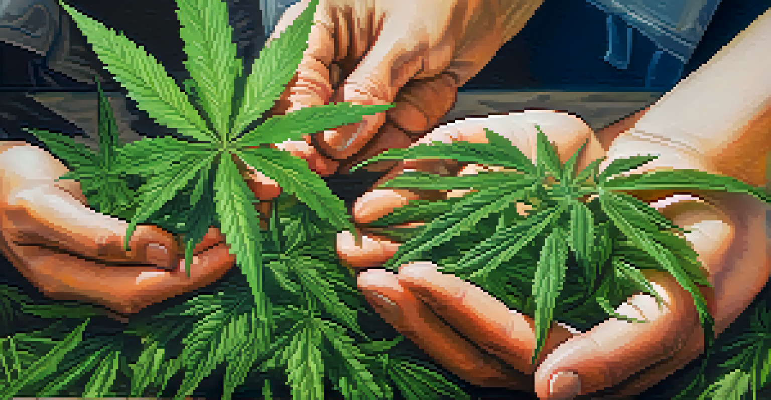 Hands holding cannabis plants with a blurred market scene in the background, representing economic opportunities.