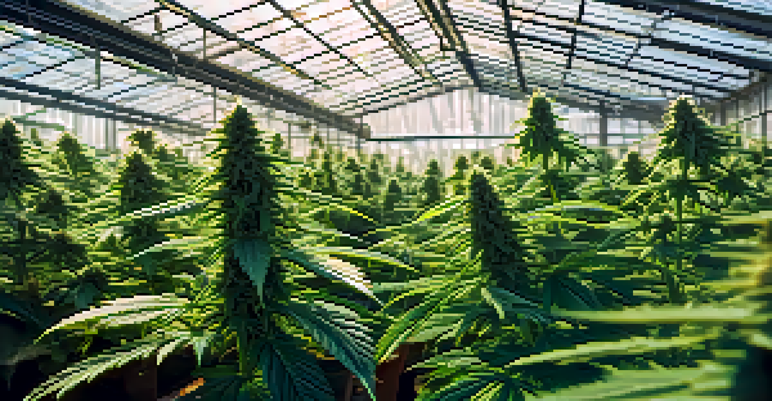 A close-up of a cannabis plant in a greenhouse, highlighting its leaves and buds under soft lighting.