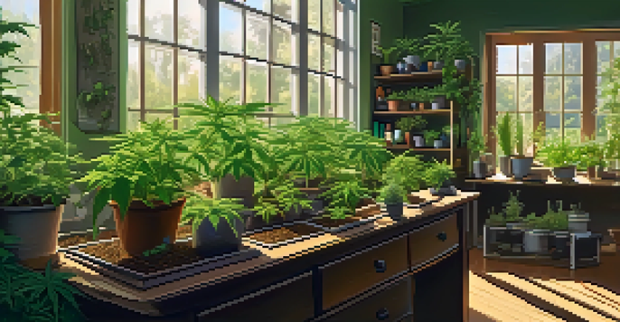 An indoor home cultivation space with various healthy cannabis plants, sunlight filtering through the window, and gardening tools in the background.