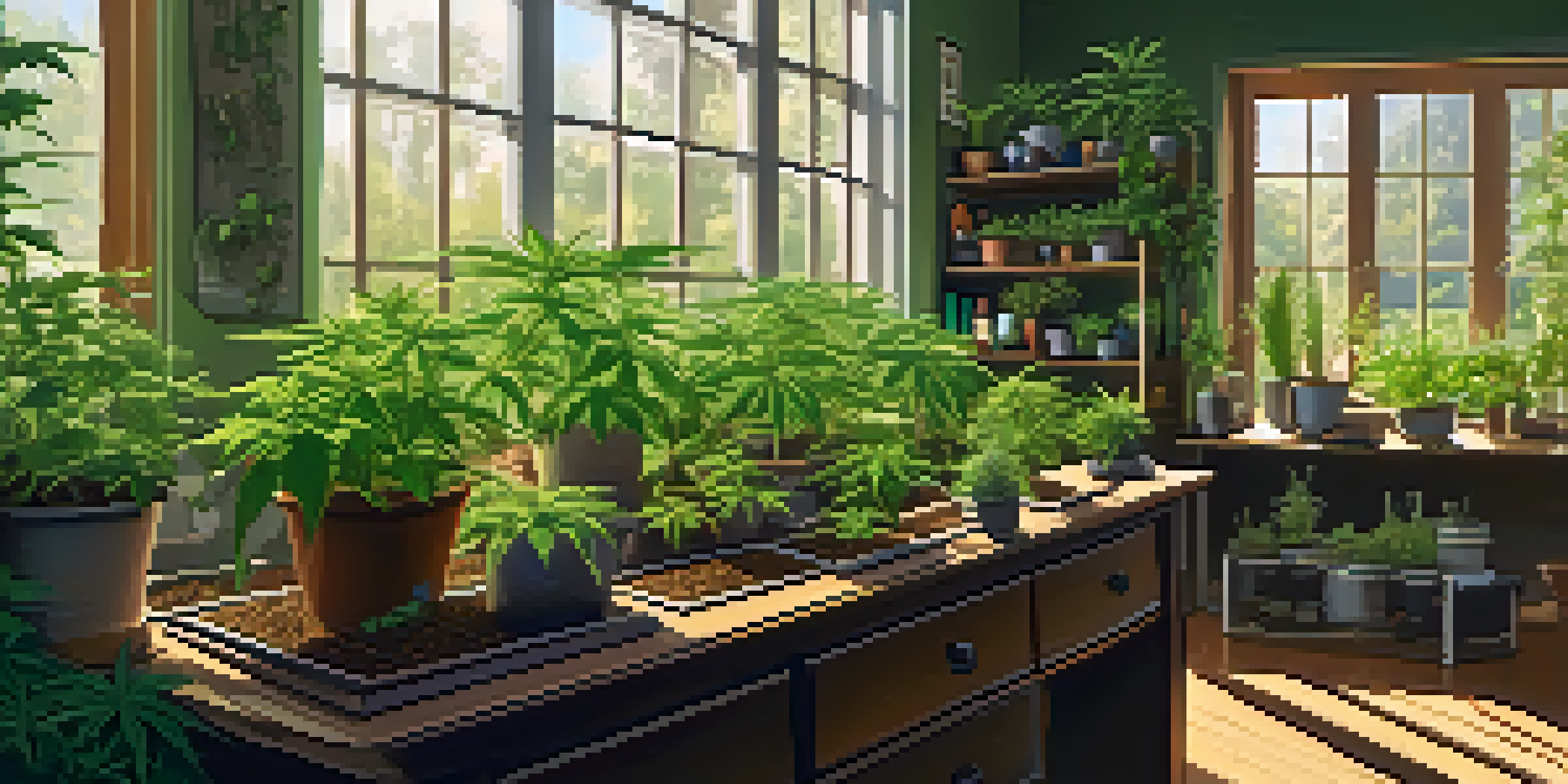 An indoor home cultivation space with various healthy cannabis plants, sunlight filtering through the window, and gardening tools in the background.