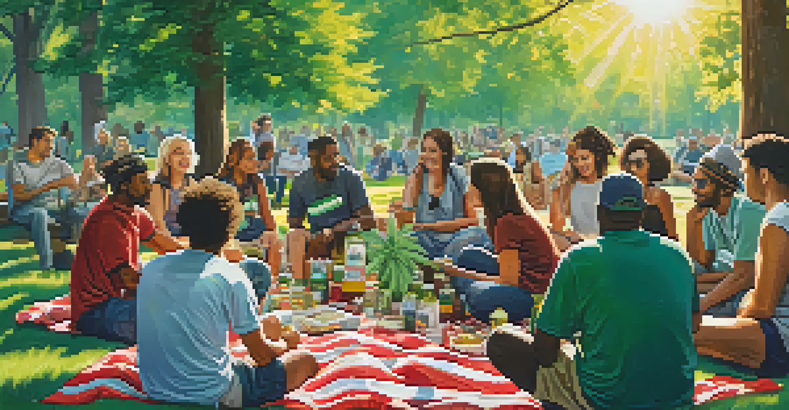 A diverse peer support group meeting in a park, individuals sharing experiences related to marijuana use on picnic blankets in a vibrant outdoor setting.