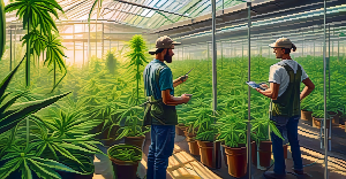 An organized greenhouse filled with green cannabis plants, with a farmer tending to them under sunlight.