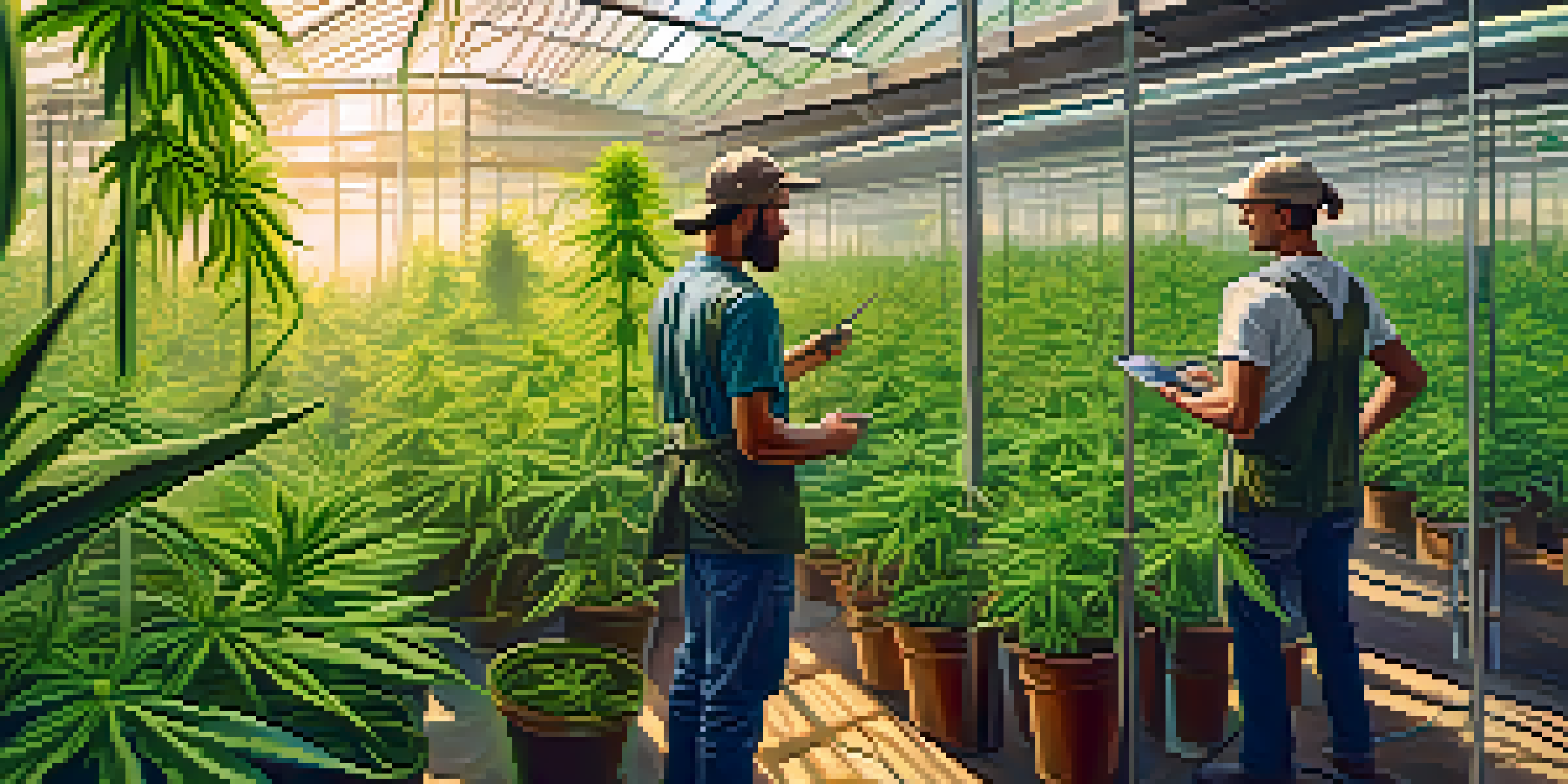 An organized greenhouse filled with green cannabis plants, with a farmer tending to them under sunlight.