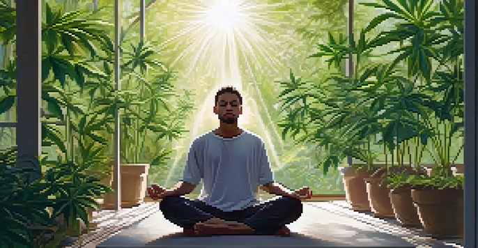 A person meditating in a garden filled with cannabis plants, surrounded by nature.
