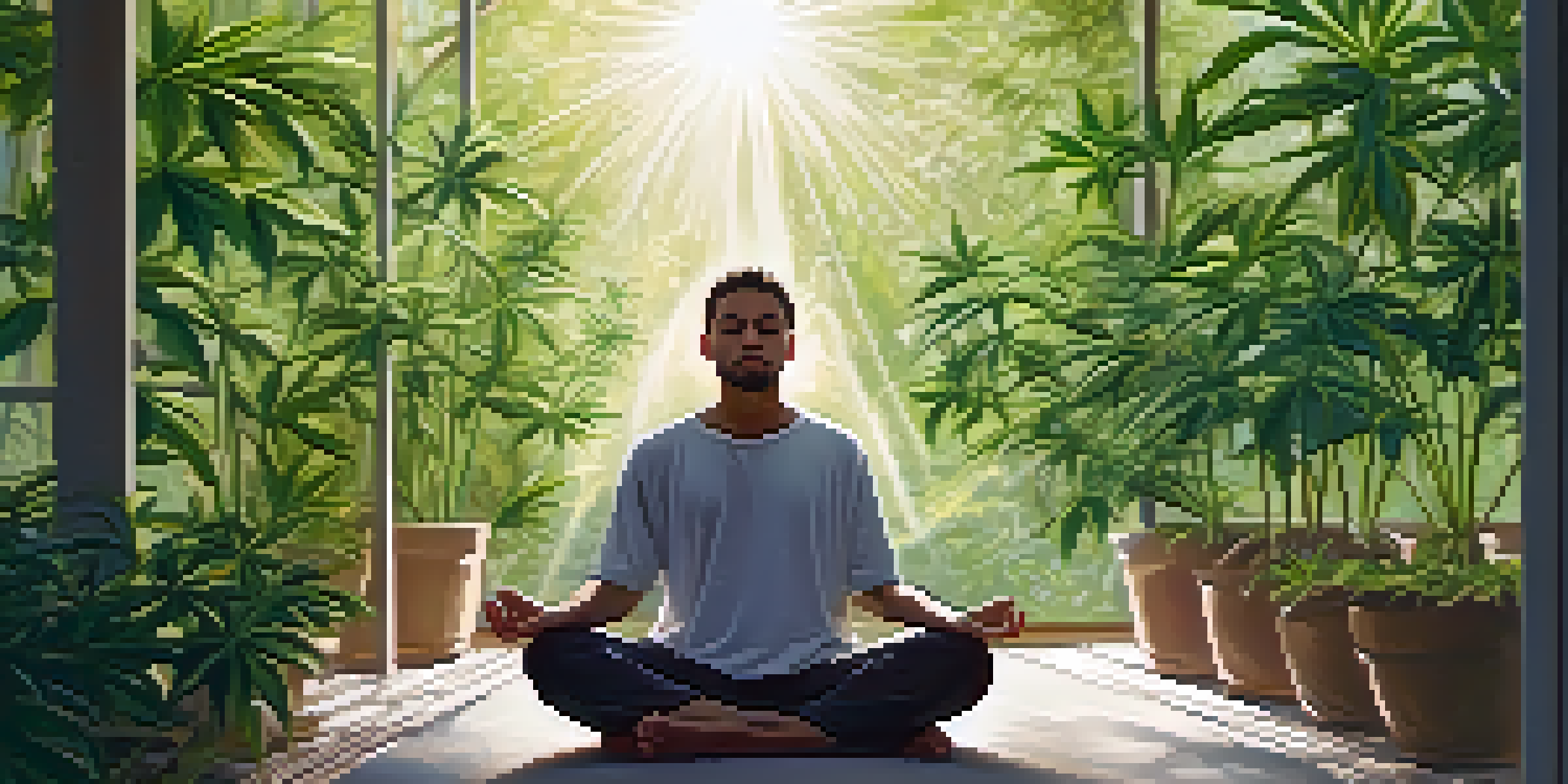 A person meditating in a garden filled with cannabis plants, surrounded by nature.
