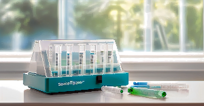 A close-up view of a modern saliva drug testing kit in a clinical setting, with natural light illuminating the scene.