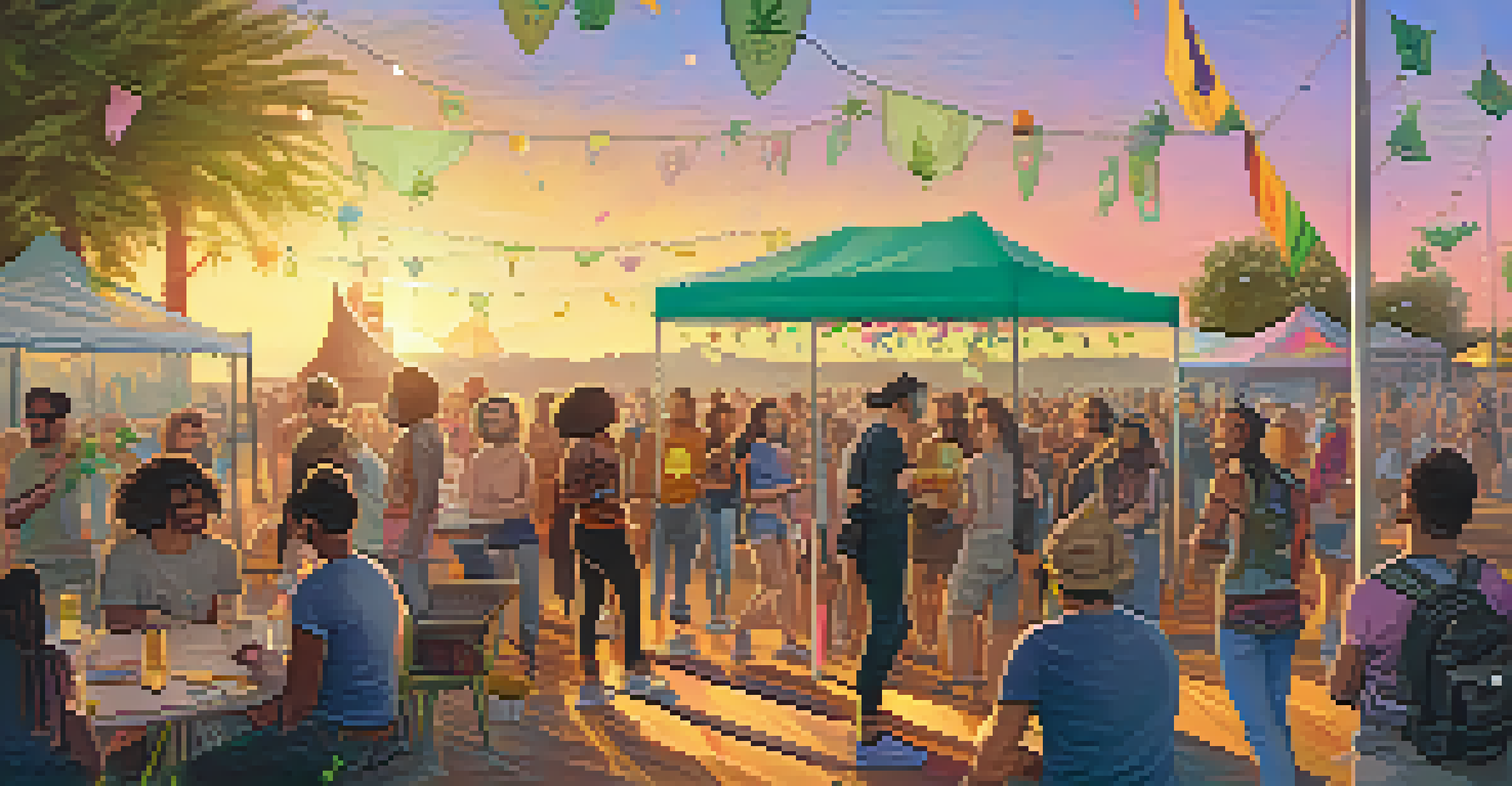 An outdoor event featuring non-binary individuals celebrating their identities and cannabis culture, with festive decorations and a sunset backdrop.