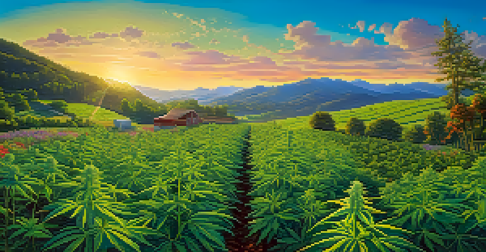 A sunrise view of an organic marijuana farm with lush green cannabis plants and colorful wildflowers.