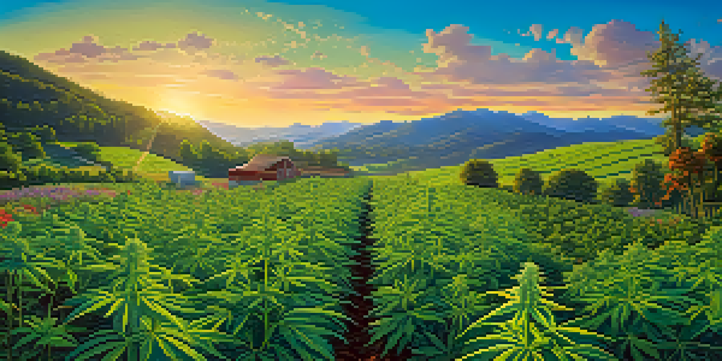 A sunrise view of an organic marijuana farm with lush green cannabis plants and colorful wildflowers.