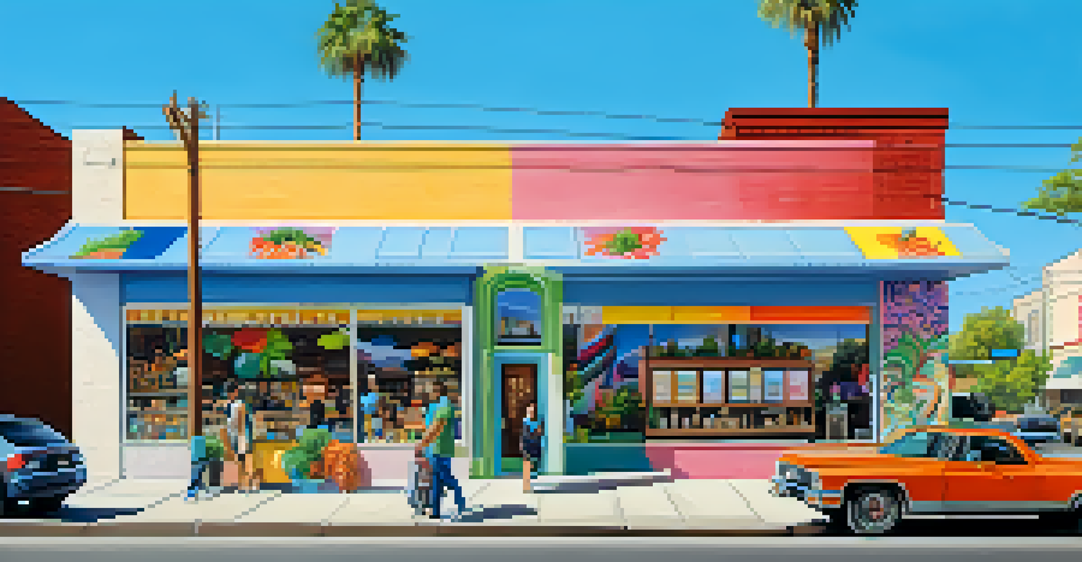 A modern marijuana dispensary in an urban area, surrounded by vibrant murals and lively customers, under a clear blue sky.
