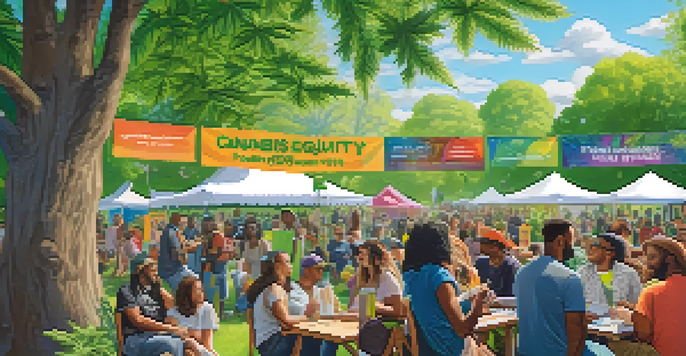 A community event in a park with diverse individuals discussing cannabis legalization, colorful banners, and informational booths.