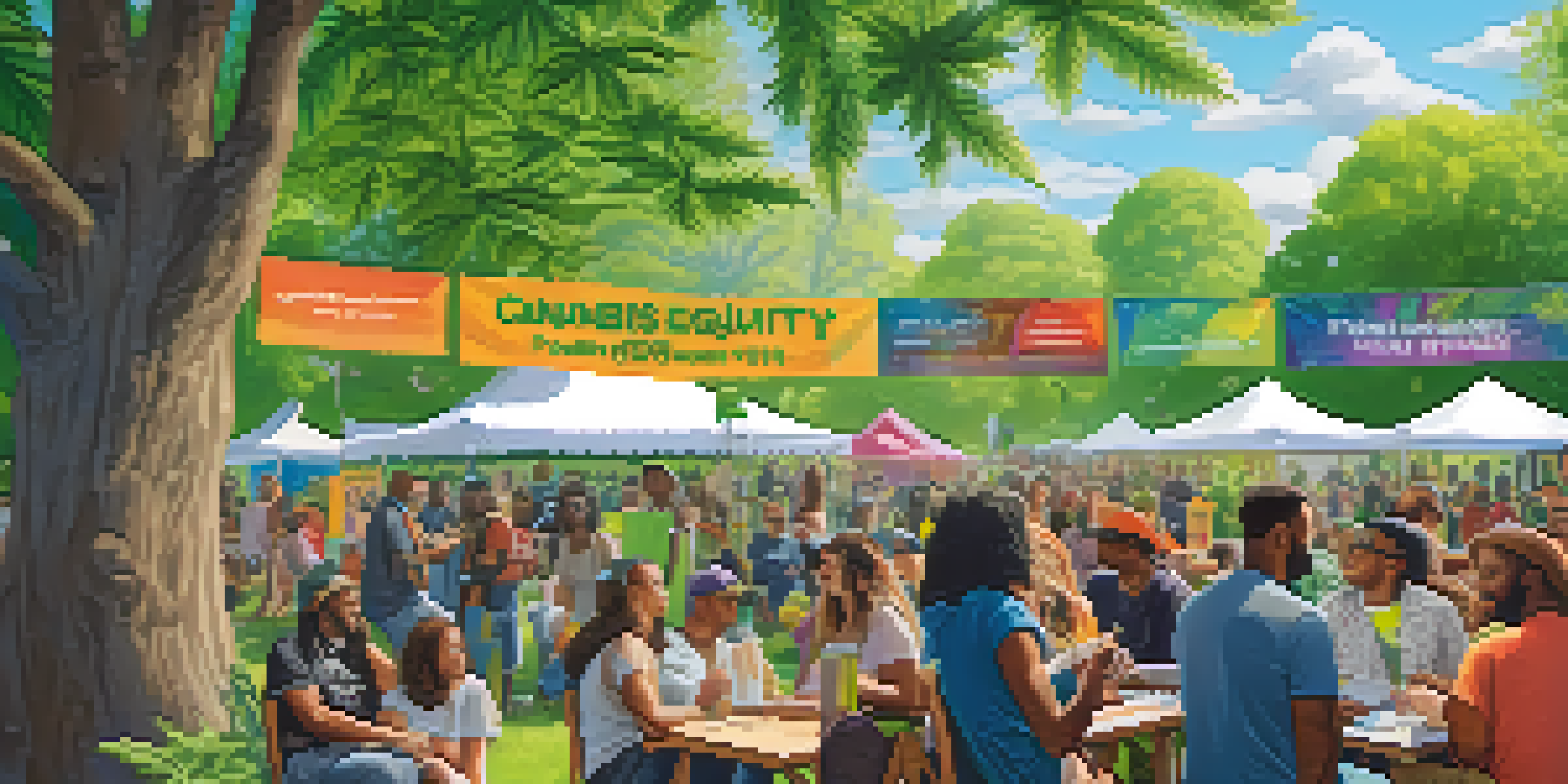 A community event in a park with diverse individuals discussing cannabis legalization, colorful banners, and informational booths.