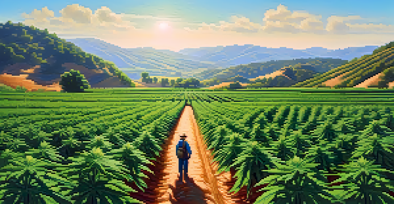 A scenic cannabis farm in California with rows of green plants, a farmer working, and rolling hills in the background under a clear blue sky.