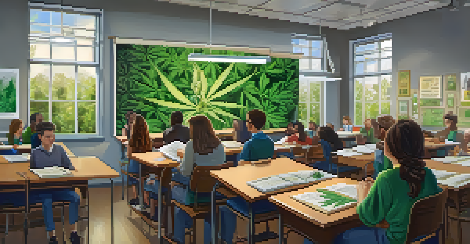 A classroom scene with a teacher discussing marijuana's history and uses, while students listen and take notes.