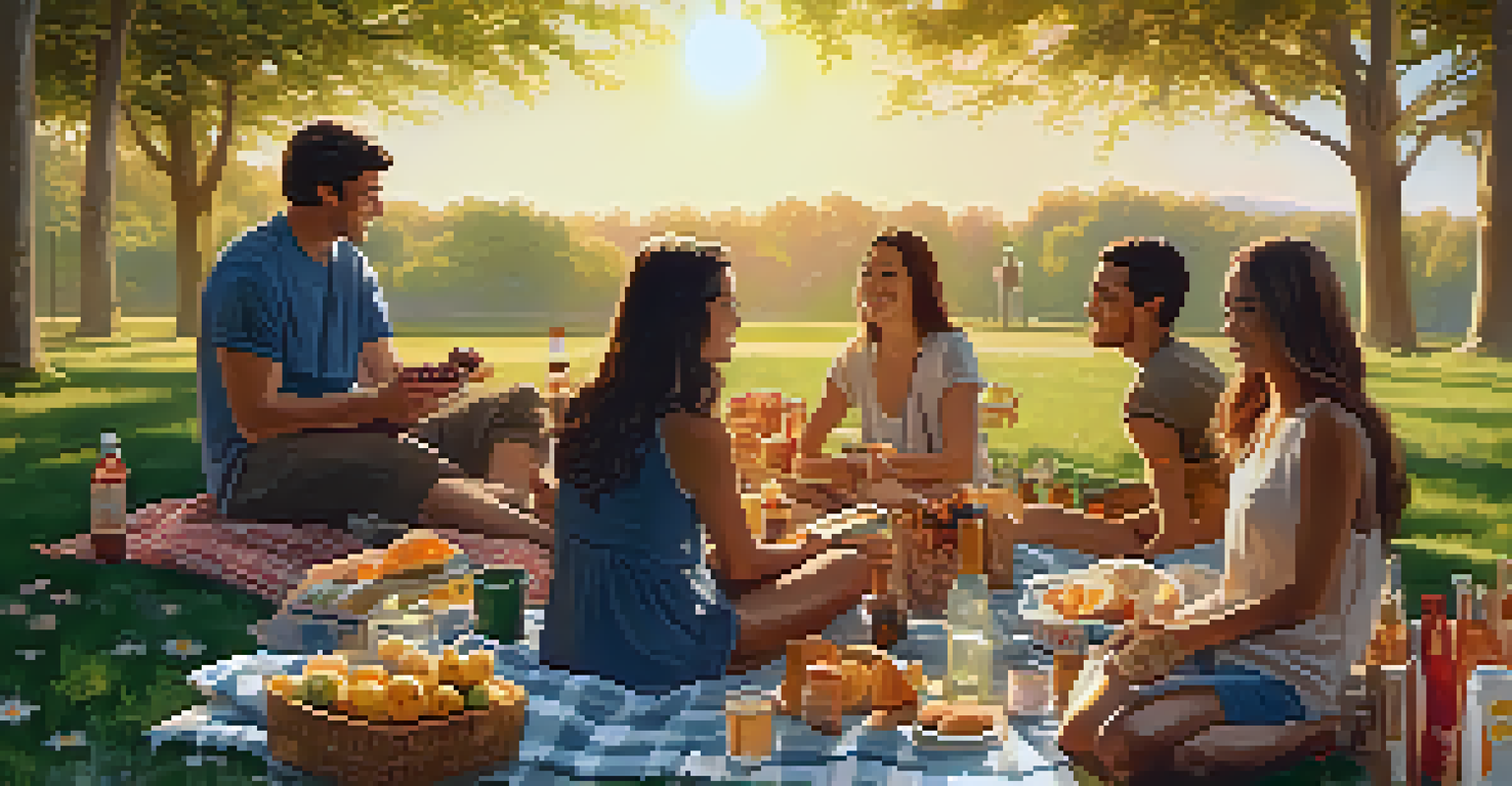 A group of friends having a picnic in a park under a sunset, with snacks spread out on a blanket surrounded by trees and flowers.