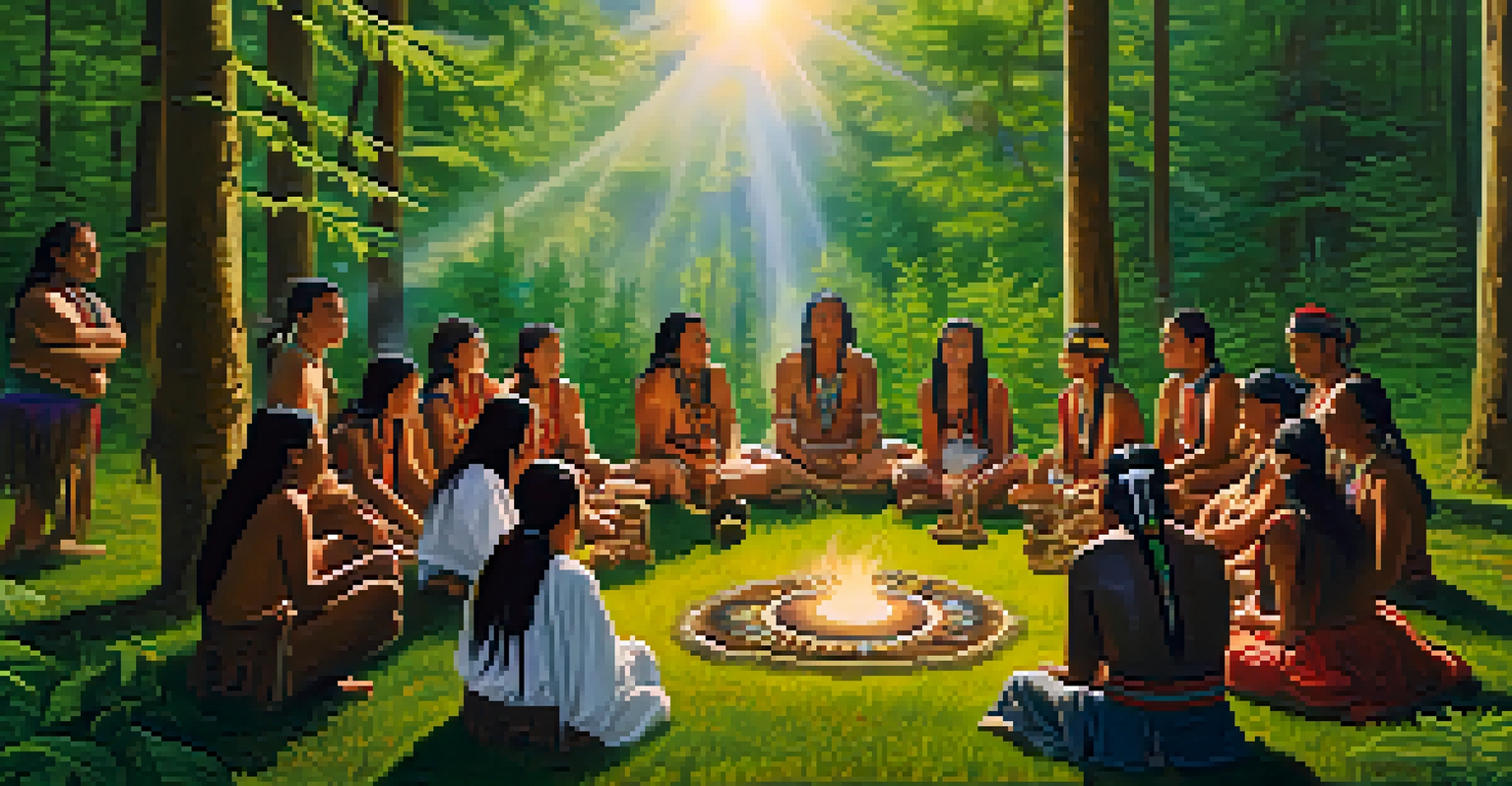 Native American tribe members gathered in a forest clearing, sharing stories and healing practices with marijuana, surrounded by nature.