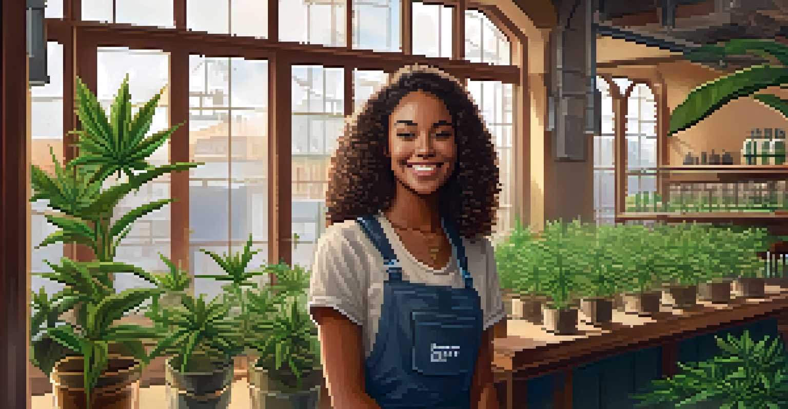 A confident young female entrepreneur in front of her cannabis shop, showcasing her commitment to empowering communities.