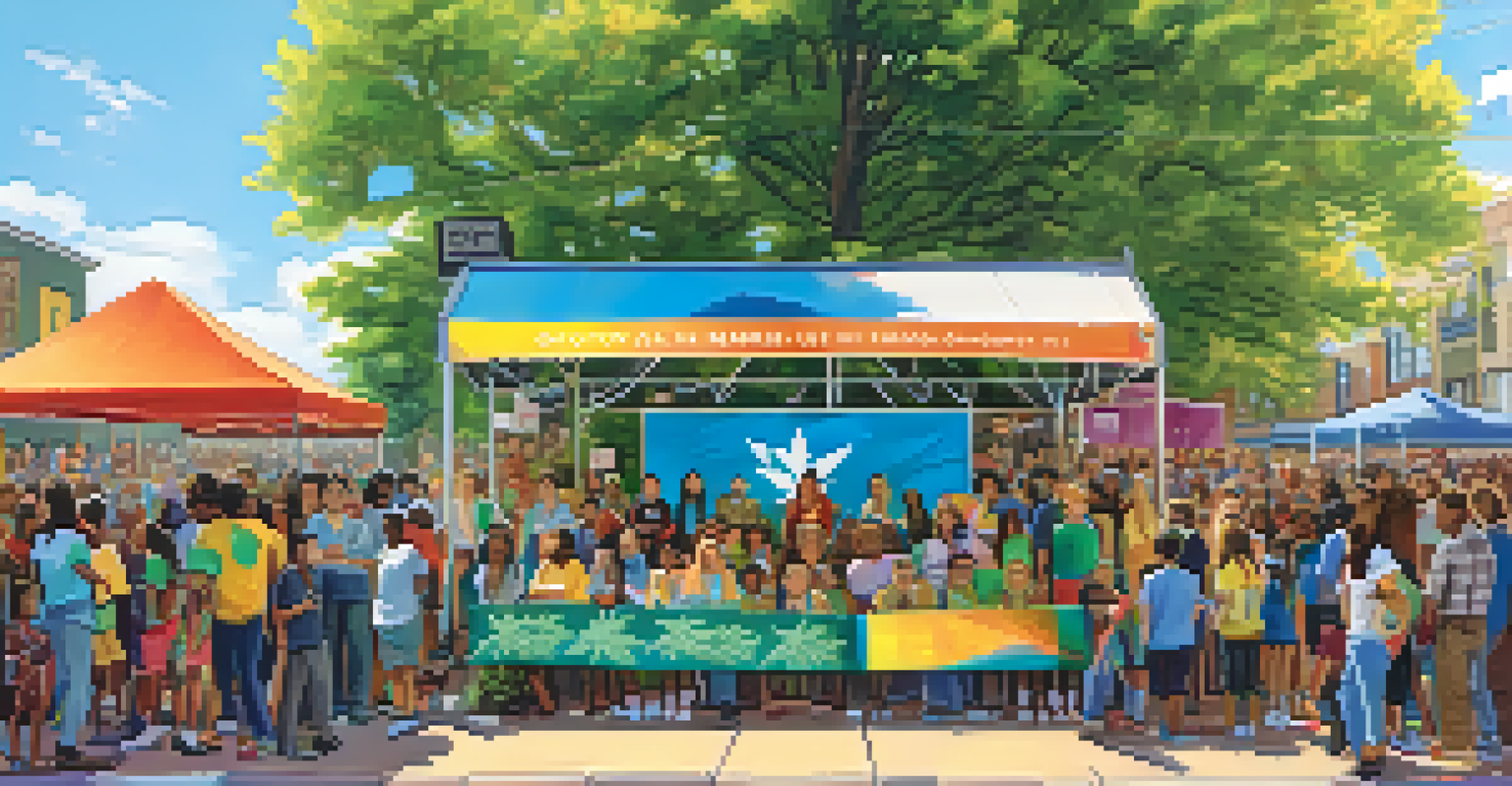 A community event promoting marijuana education with diverse attendees in an urban setting under a sunny sky.