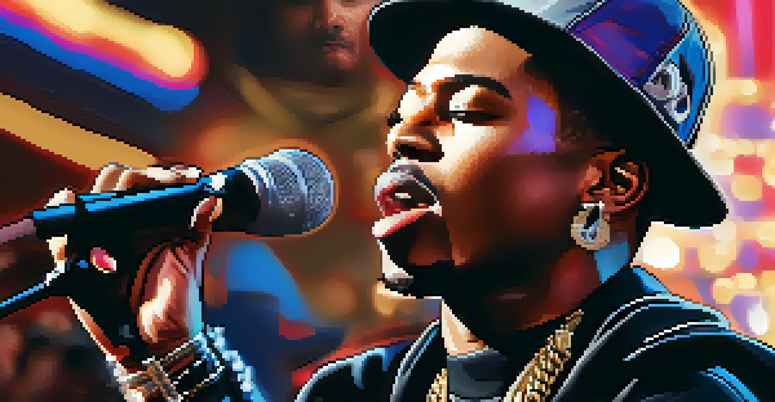A close-up of a passionate rapper performing into a microphone, with a blurred background emphasizing their expressive face and stylish outfit under soft lighting.