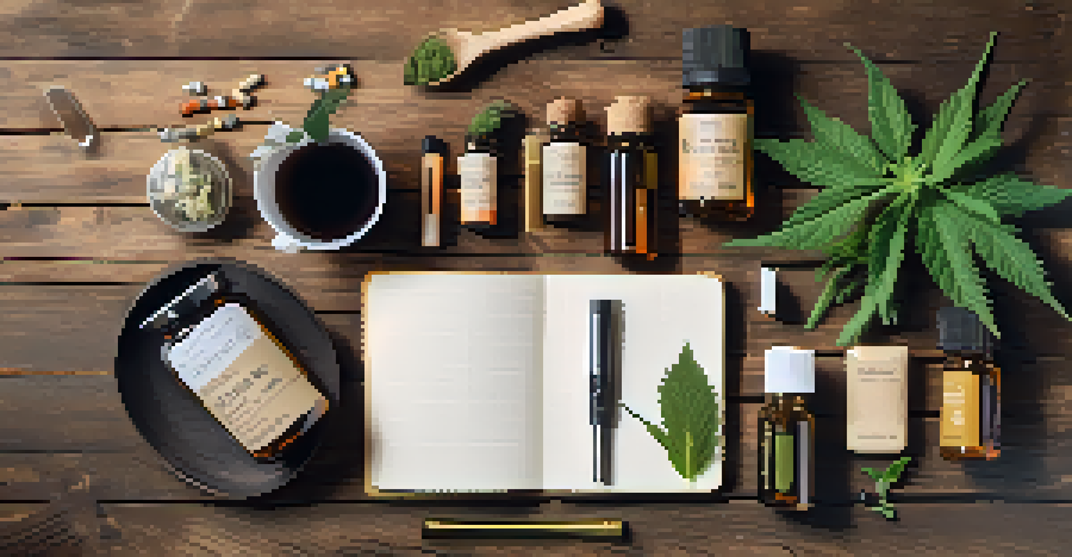 A flat lay of CBD products, including capsules and tinctures, on a rustic wooden table with a notebook and herbal tea.