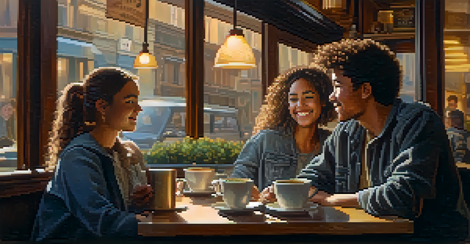 A group of young adults having a conversation in a warm coffee shop, surrounded by a cozy atmosphere.