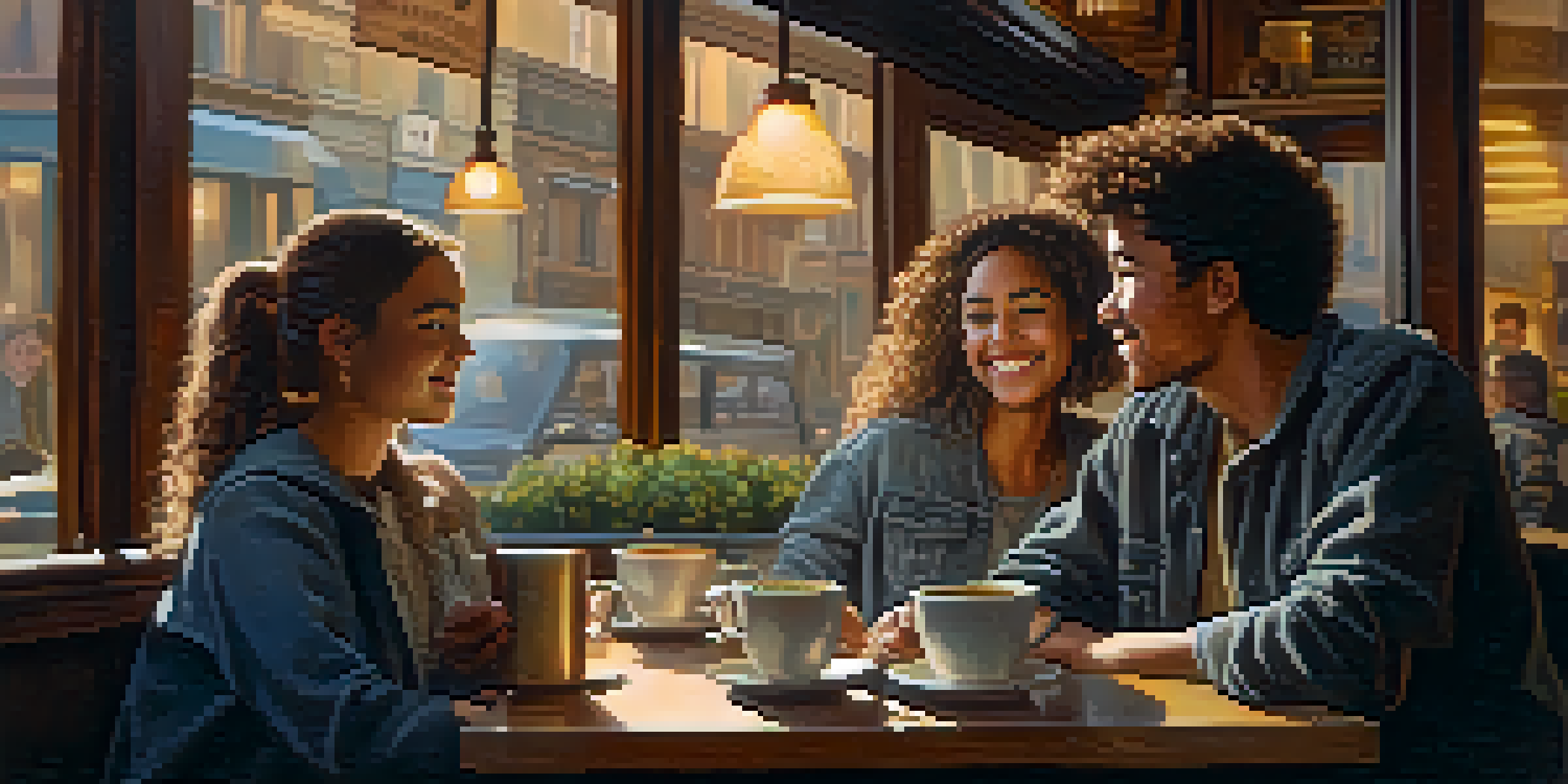 A group of young adults having a conversation in a warm coffee shop, surrounded by a cozy atmosphere.