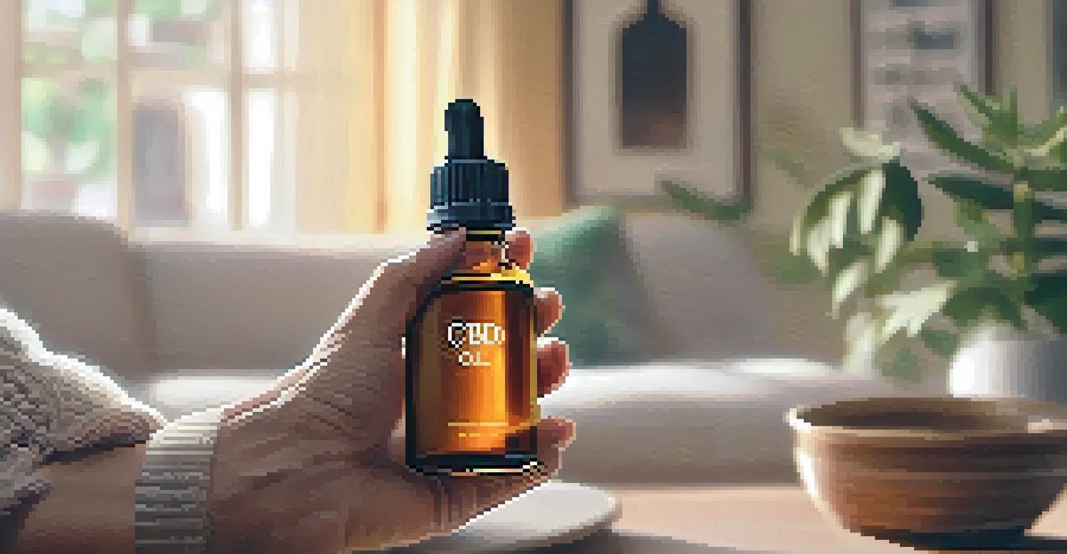 Close-up of elderly hands holding a bottle of CBD oil in a cozy living room.