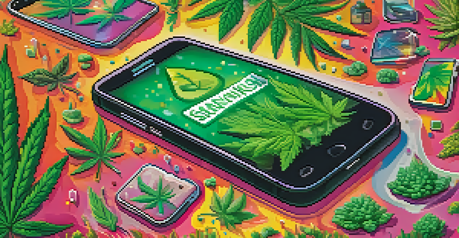 A smartphone showing a social media feed with positive comments about cannabis, set against an abstract colorful background.