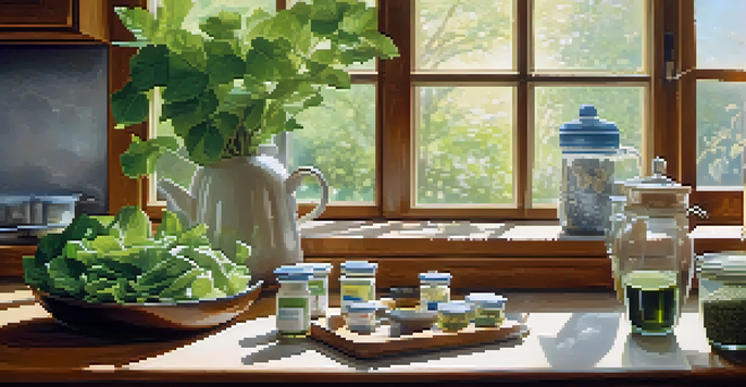 A peaceful kitchen with nutritional supplements and healthy foods on a wooden countertop, illuminated by soft natural light.
