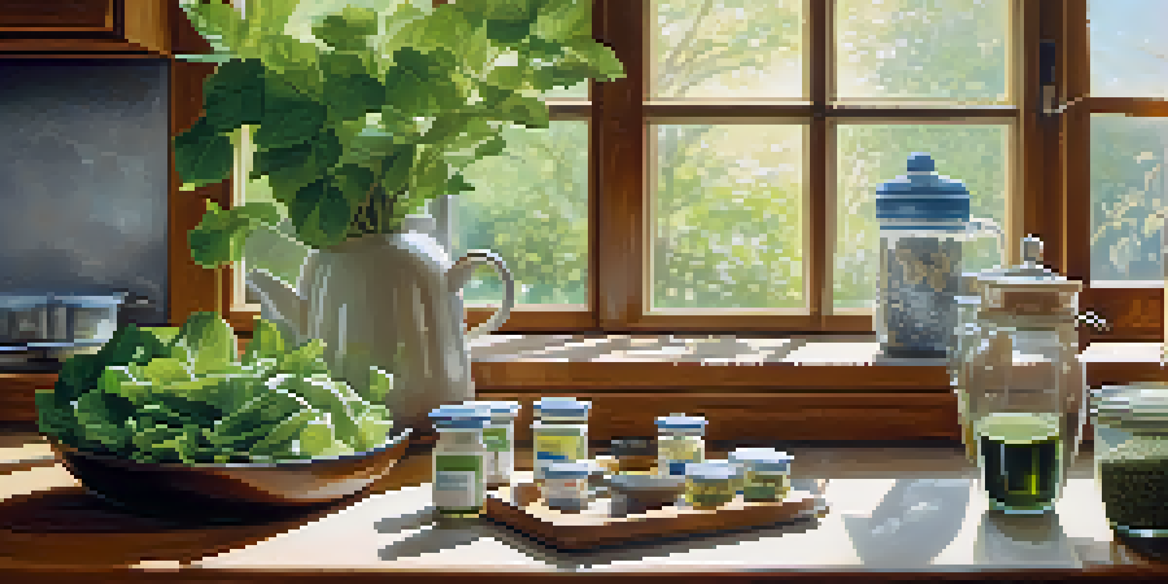 A peaceful kitchen with nutritional supplements and healthy foods on a wooden countertop, illuminated by soft natural light.