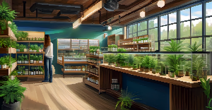 An interior view of a cannabis dispensary with shelves of products and diverse customers interacting with staff.