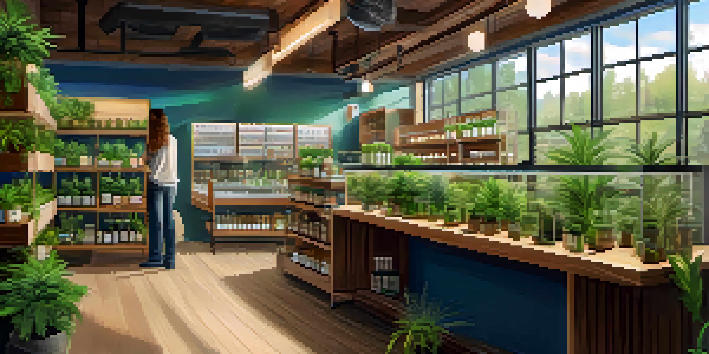 An interior view of a cannabis dispensary with shelves of products and diverse customers interacting with staff.