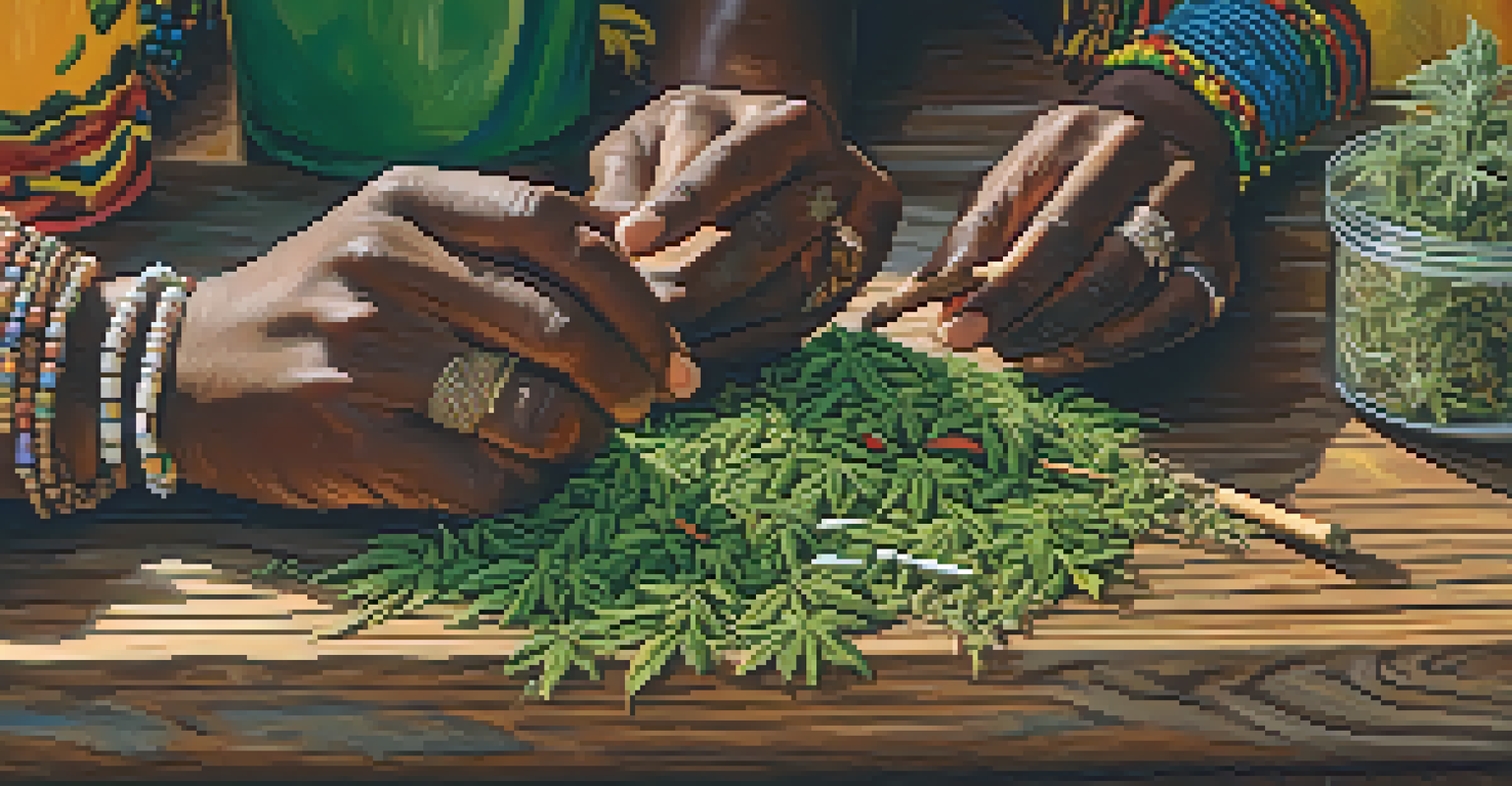 Close-up of hands rolling a joint on a wooden table with herbs and colorful beads, highlighting the ritualistic nature of marijuana use.