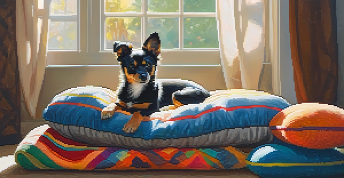 A small dog resting on a plush dog bed with blankets and toys, illuminated by soft sunlight from a window.