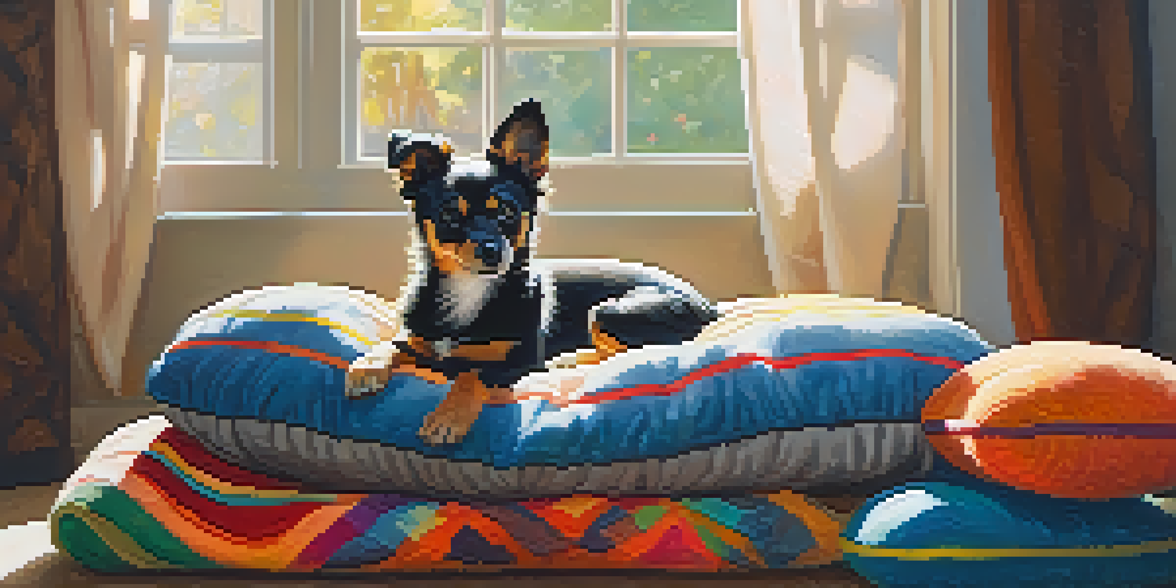 A small dog resting on a plush dog bed with blankets and toys, illuminated by soft sunlight from a window.