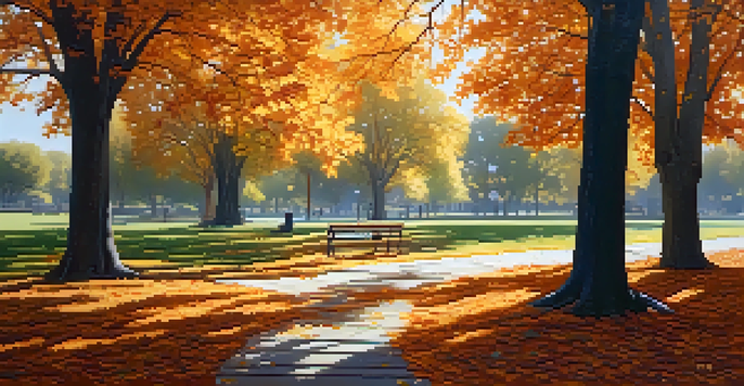 A peaceful autumn park with colorful leaves, a wooden bench, and soft sunlight filtering through the trees.