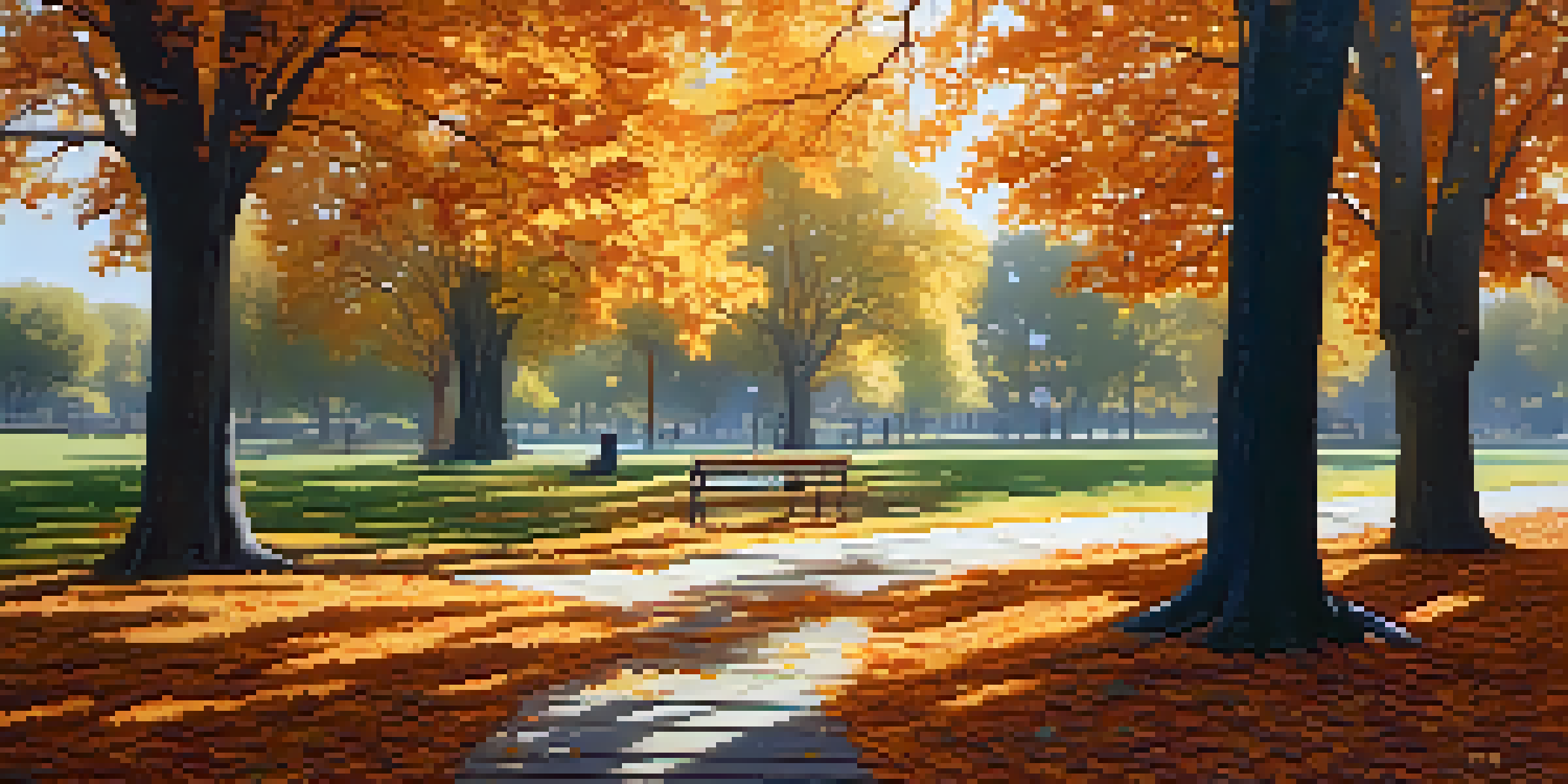A peaceful autumn park with colorful leaves, a wooden bench, and soft sunlight filtering through the trees.